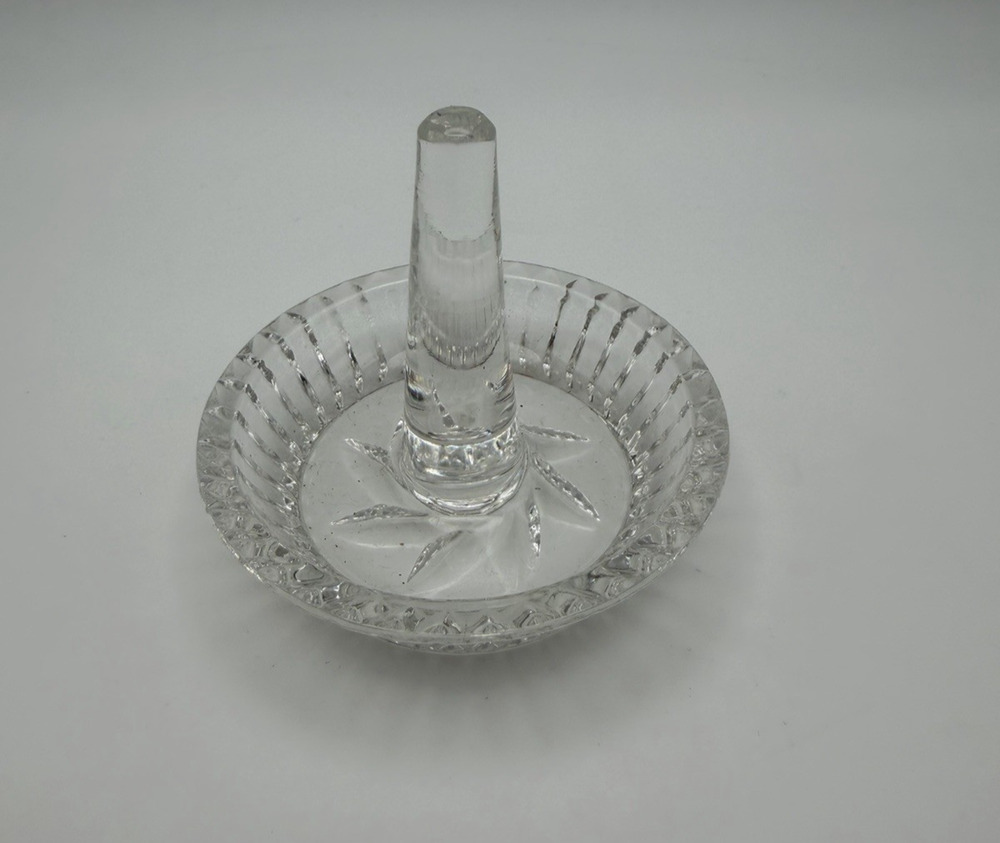 Etched Crystal Glass Jewelry Ring Holder Trinket Dish Pinwheel Design